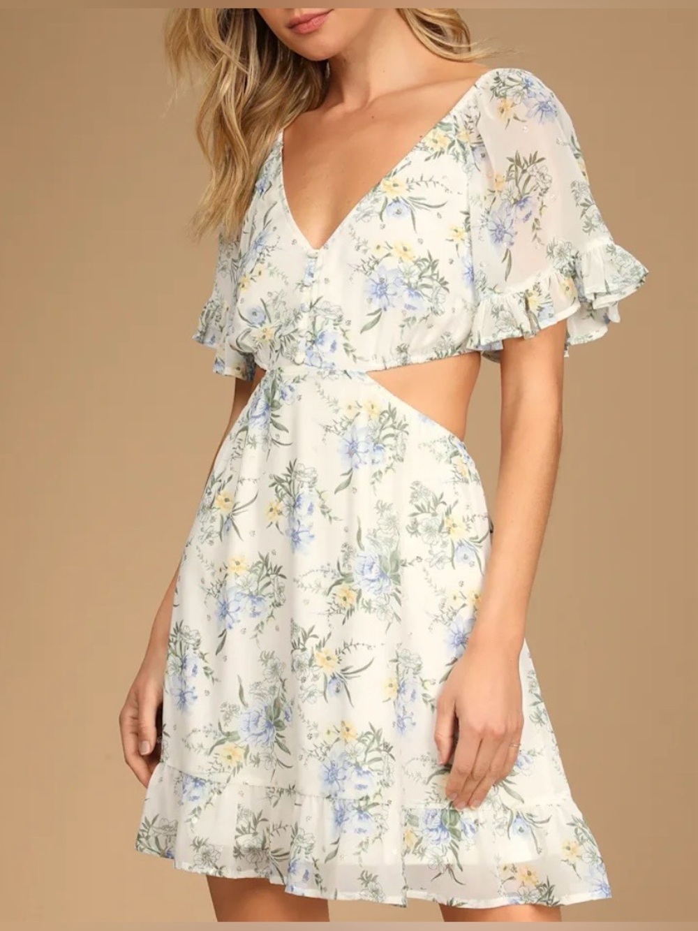 NEW LULUS Flirt Forever White Multi Floral Print Short Sleeve Mini Dress size M